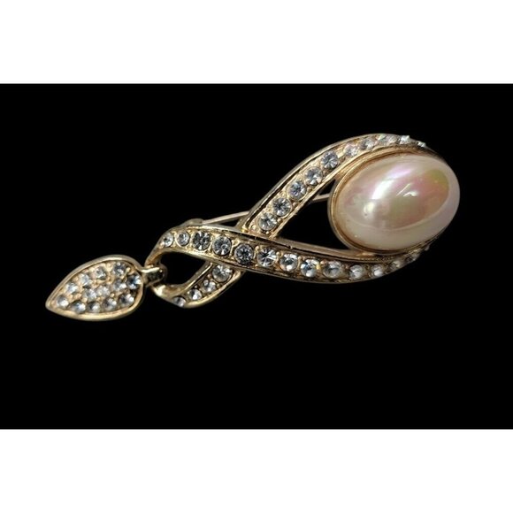 Designer High End Brooch Irridescent Glossy Faux Mabe Pearl Rhinestones Vintage - Picture 3 of 9